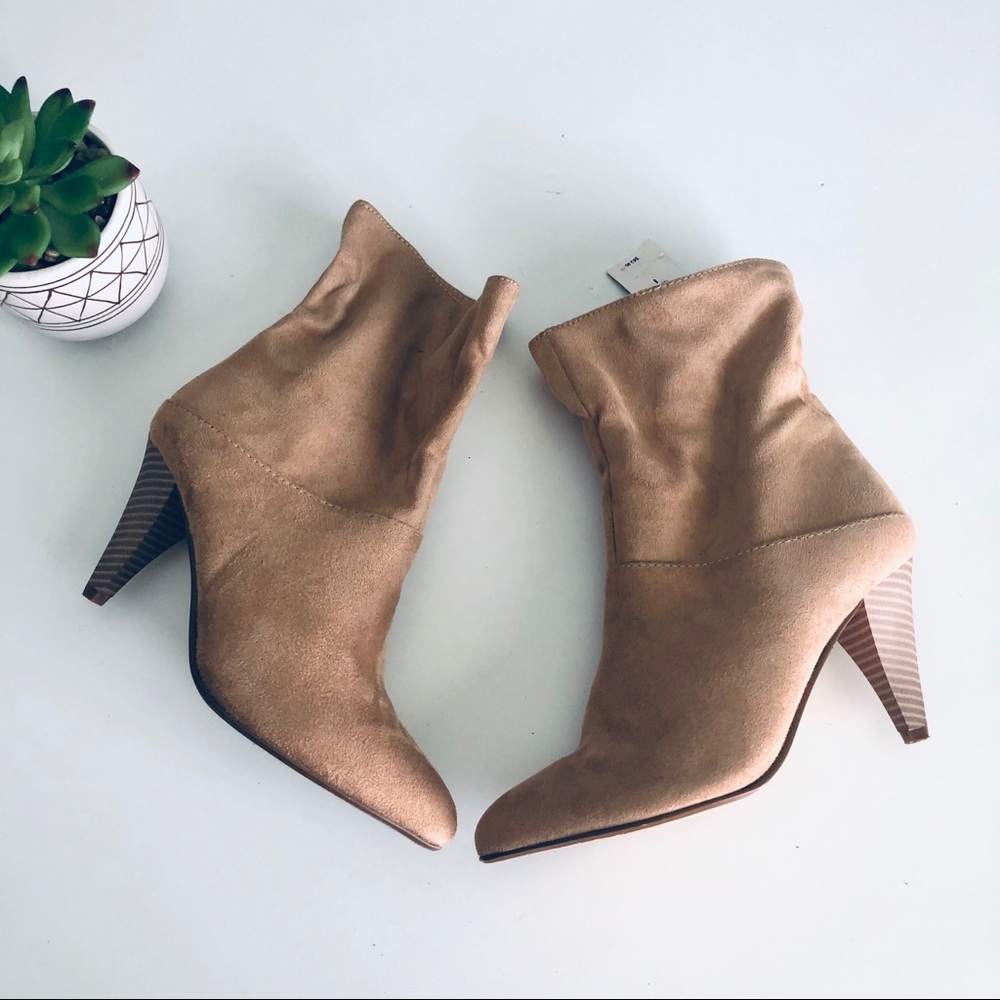 Express Faux Suede Pointed Toe Booties in Tan